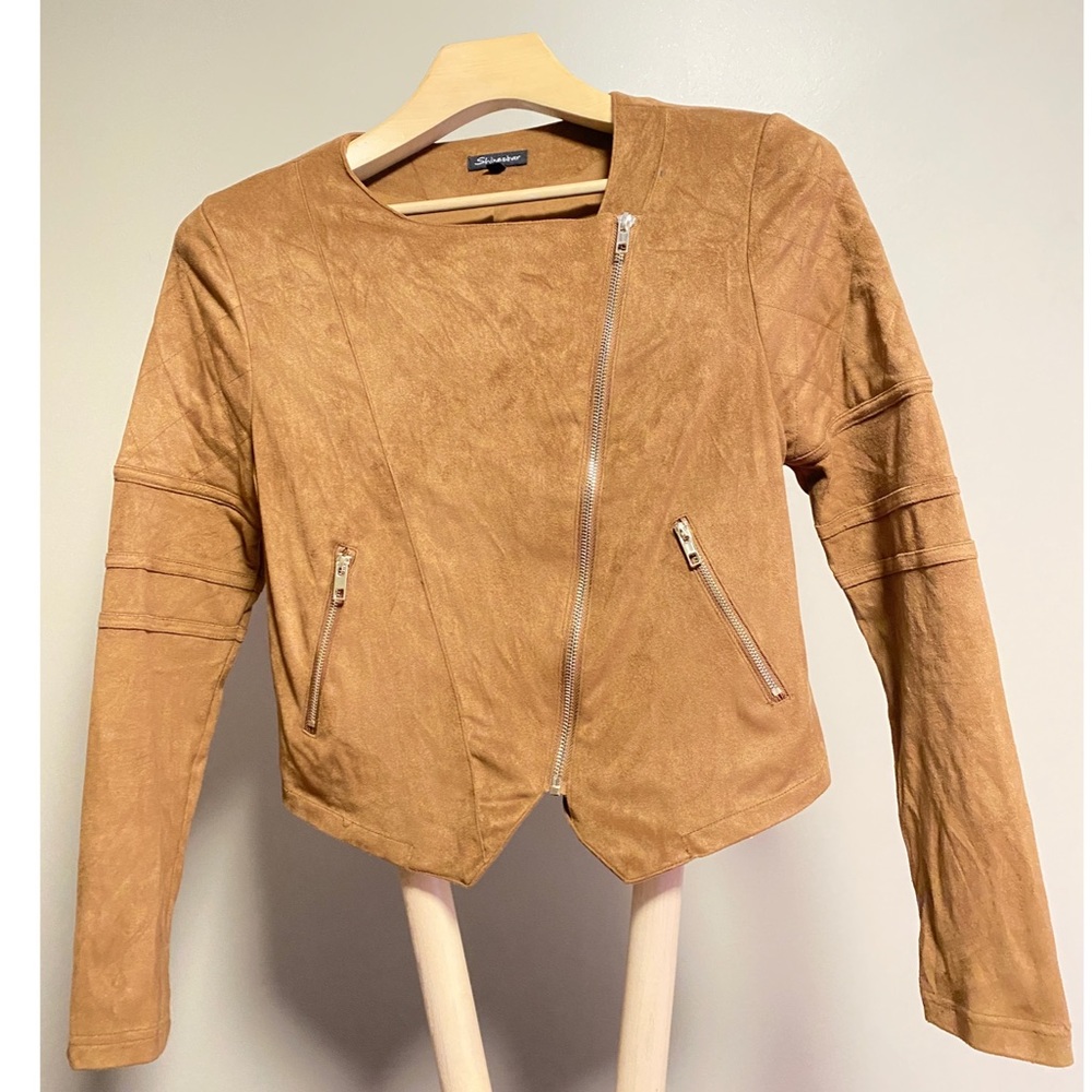 Shinestar Tan Faux Suede Cropped Moto Jacket Women’s Size L Runs Small